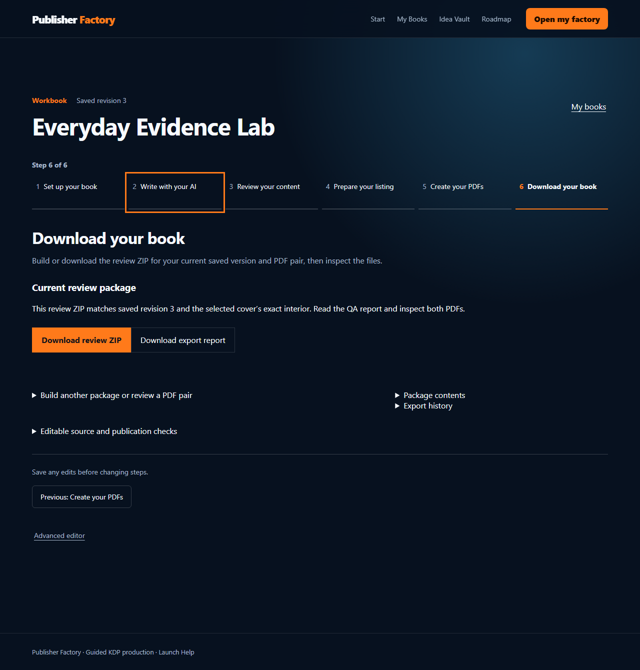 Local Workbook wizard example at the sixth step, Download your book, showing a review package.